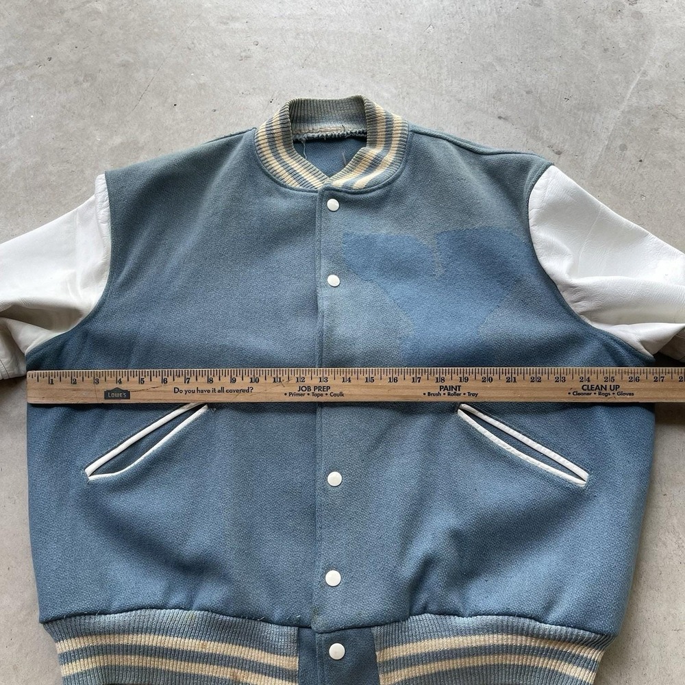 Vintage 60s Butwin Varsity Jacket Mens XL White Baby Blue Wool Leather Bomber - Picture 4 of 9